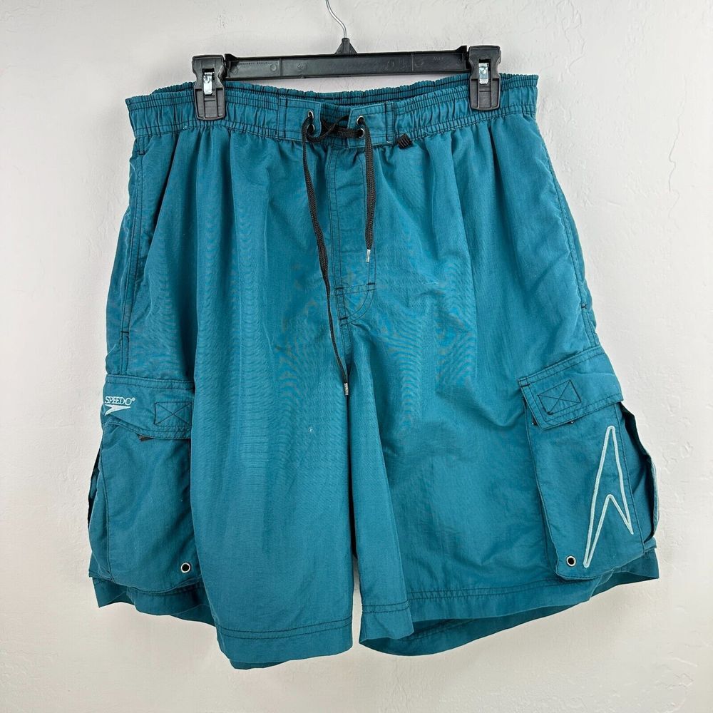 Vintage Speedo‎ Shorts Mens L Green Nylon Swim Pockets Drawstring Waist